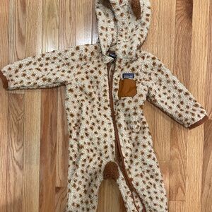 Patagonia Cream and Brown Spotted Sherpa Baby Jumpsuit